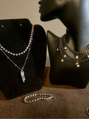 Multi-Layer Black Chain, Clear Crystal Drops, Rhinestone Necklaces w/ Bracelet